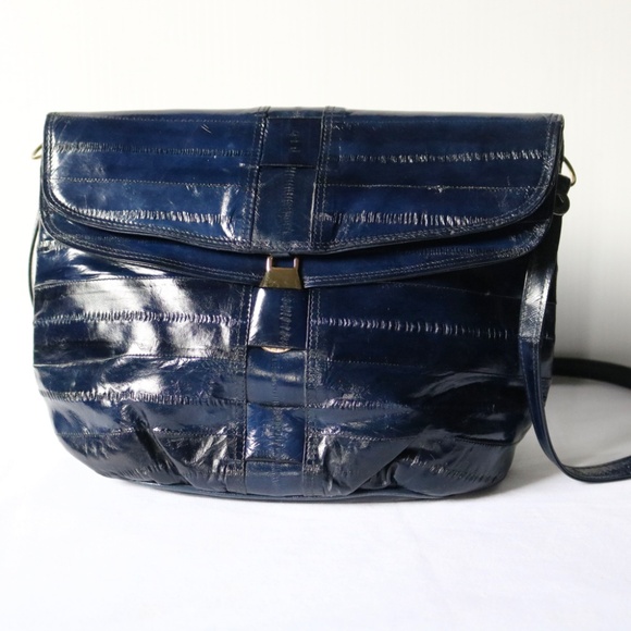 Vintage Genuine Eel Skin Leather Shoulder Crossbody Bag Purse Navy Blue 80s - Picture 2 of 11